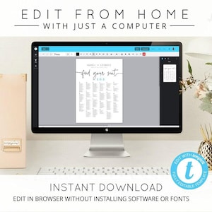 Puede incluir: Un monitor de computadora muestra un plano de asientos de boda con el texto "find your seat". La imagen incluye el texto "EDIT FROM HOME WITH JUST A COMPUTER" y "INSTANT DOWNLOAD". El dise&ntilde;o est&aacute; sobre un escritorio blanco con &uacute;tiles de oficina.