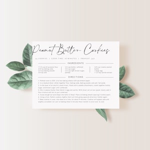 May include: A printable recipe card for peanut butter cookies. The recipe includes ingredients and directions for making 34 cookies. The card has a minimalist design with black text on a white background.