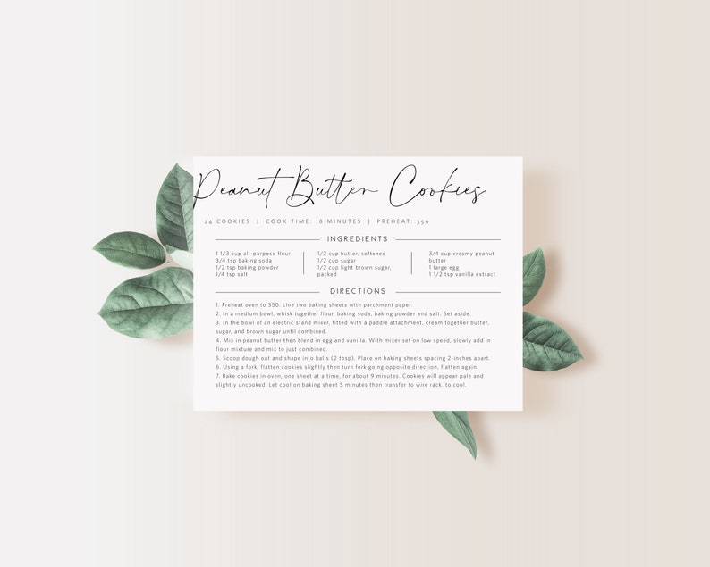 May include: A printable recipe card for peanut butter cookies. The recipe includes ingredients and directions for making 34 cookies. The card has a minimalist design with black text on a white background.