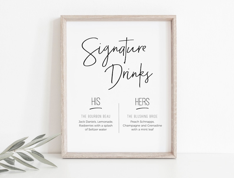 Signature Drinks Sign, Printable Signature Drinks Sign, Drinks Menu, Wedding Sign, Instant Download, Edit with TEMPLETT, WLP-PEN 4441 image 1