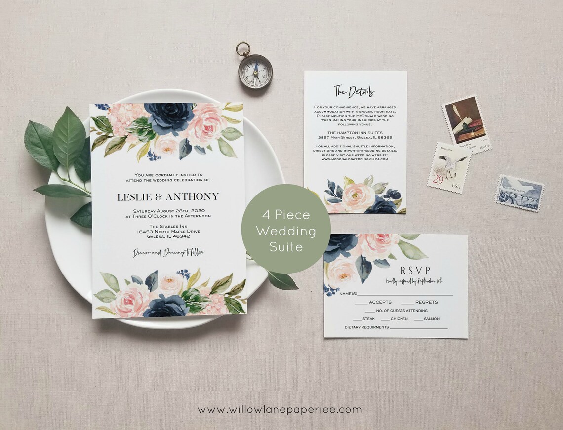 Navy Wedding Invitation Template Printable Wedding | Etsy