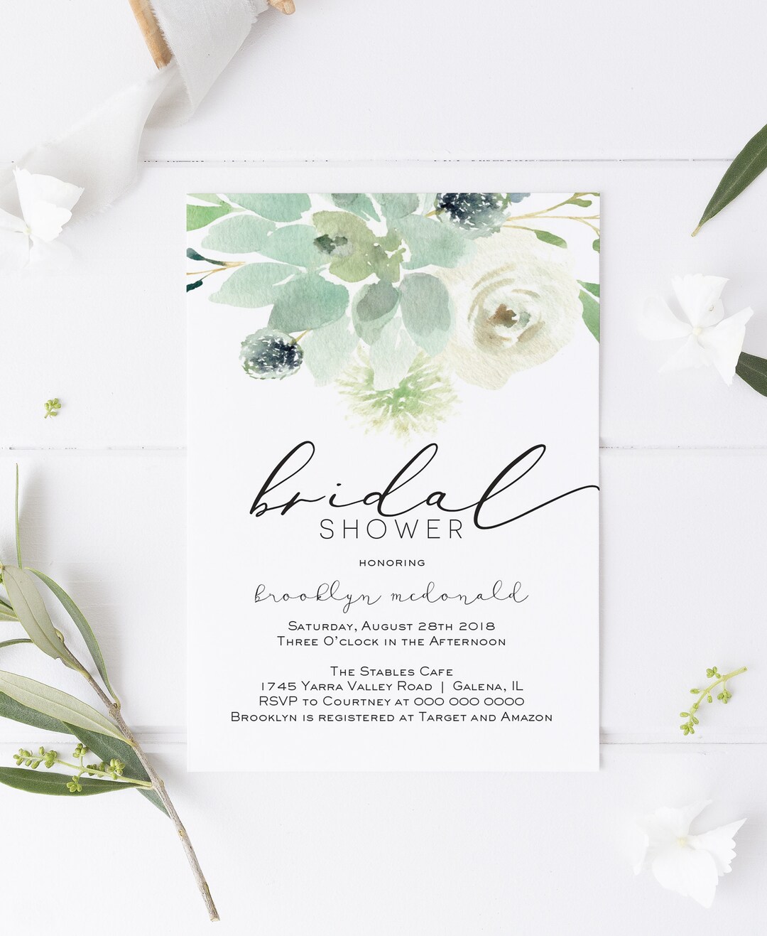 Succulent Bridal Shower Invitation, Greenery Invitation, Printable