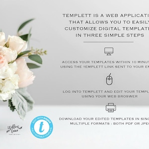 Puede incluir: Un fondo blanco con texto azul que dice "TEMPLETT ES UNA APLICACI&Oacute;N WEB QUE TE PERMITE PERSONALIZAR F&Aacute;CILMENTE PLANTILLAS DIGITALES EN TRES PASOS SENCILLOS". Debajo del texto hay tres iconos: un monitor de computadora, un rat&oacute;n y una impresora. Cada icono tiene texto que describe c&oacute;mo usar TEMPLETT. El texto debajo de los iconos dice "DESCARGA TUS PLANTILLAS EDITADAS EN FORMATO &Uacute;NICO O M&Uacute;LTIPLE: TANTO PDF COMO JPEG". Un jarr&oacute;n blanco con un ramo de flores rosas y blancas est&aacute; en la esquina inferior izquierda de la imagen. Un c&iacute;rculo azul con una "t" blanca en el centro y el texto "EDITAR CON TEMPLETT PLANTILLA TOTALMENTE EDITABLE" est&aacute; en la esquina inferior derecha de la imagen.