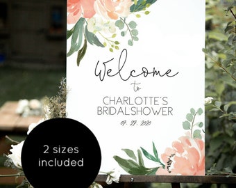 Welcome Sign Poster, Shower Welcome Sign, Peach Floral Welcome Sign Template, Instant Download, Edit with TEMPLETT, WLP-PEA 1462