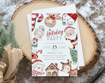 May include: A white invitation card with a watercolor illustration of a gingerbread man, Santa Claus, a snowman, a reindeer, a candy cane, a Christmas tree, and a gingerbread house. The text on the card reads "A Holiday Party" and includes the date, time, and location of the party.