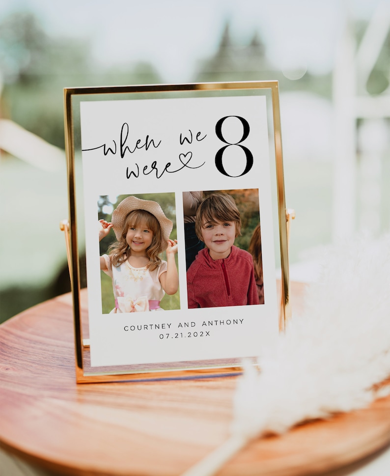 May include: A framed photo print with the text "when we were 8" and two photos of children. The print is in a gold frame and includes the names "Courtney and Anthony" and the date "07.21.202X".