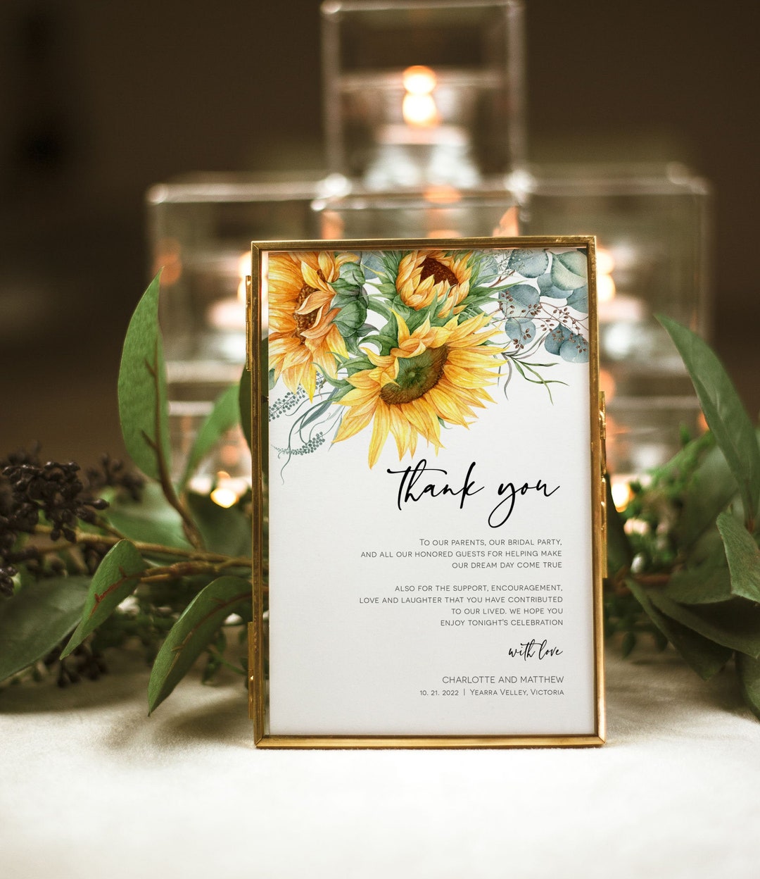 Sunflower Wedding Thank You Note, Printable Thank You Card Template ...
