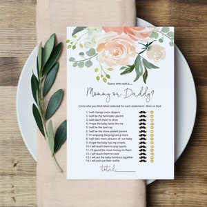 Printable Baby Shower Mommy or Daddy Game, Peach Baby Shower Games, Editable Game Card, Instant download, TEMPLETT, WLP-PEA 2627