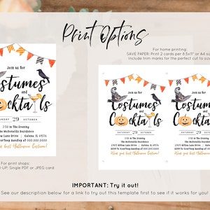 May include: Printable Halloween party invitation with a watercolor illustration of a witch's hat, a black crow, a pumpkin, and a martini glass. The text reads "Join us for Costumes and Cocktails" with the date and time of the party.  The invitation also includes the address and RSVP information.