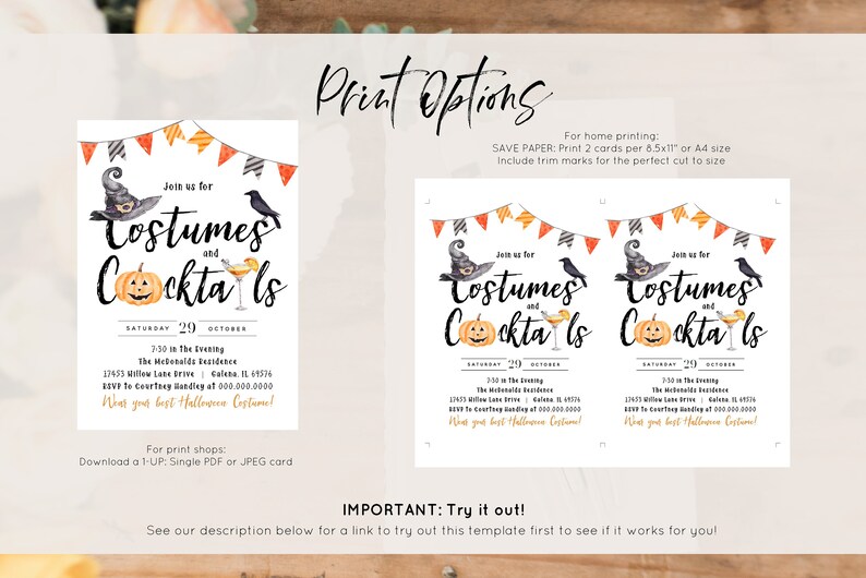 May include: Printable Halloween party invitation with a watercolor illustration of a witch's hat, a black crow, a pumpkin, and a martini glass. The text reads "Join us for Costumes and Cocktails" with the date and time of the party.  The invitation also includes the address and RSVP information.