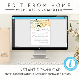 May include: A computer screen displaying a bar menu template with a floral and honeycomb design. The text "bar menu" is written in cursive. The text "EDIT WITH templet" is in a blue circle with a white letter "t" in the center. The text "INSTANT DOWNLOAD" is in black text. The text "EDIT IN BROWSER WITHOUT INSTALLING SOFTWARE OR FONTS" is in black text.