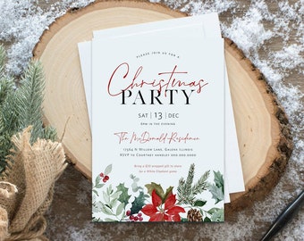 May include: A white Christmas party invitation with red and green watercolor floral designs. The invitation reads "Please join us for a Christmas Party, Sat 13 Dec, 6pm in the evening, The McDonald Residence, 17564 N Willow Lane, Galena Illinois, RSVP to Courtney Handley 000.000.0000, Bring a $20 wrapped gift to share for a White Elephant game."