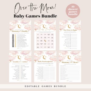 May include: A baby shower games bundle with a celestial theme. The design features pink clouds, gold moons, and stars. The text includes "Over the Moon! Baby Games Bundle" and various game titles like "Mommy or Daddy?" and "Baby Bingo."