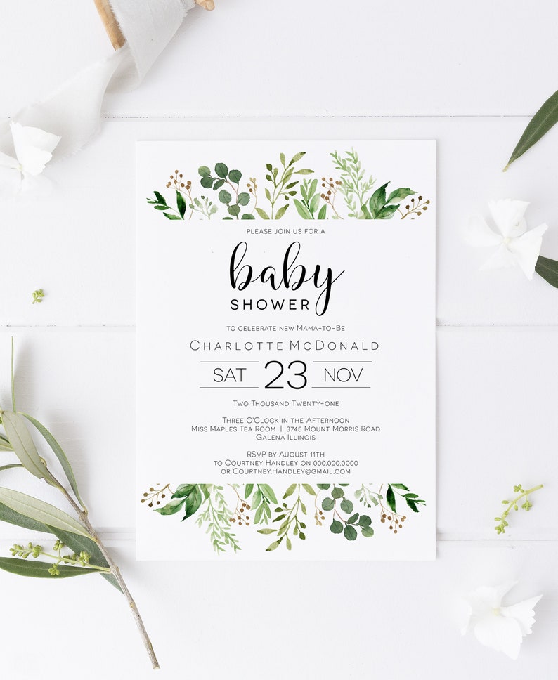 Greenery Baby Shower Invitation Template, Printable Eucalyptus Editable Invitation, WLP-EUC 401, Templett Baby Shower image 1