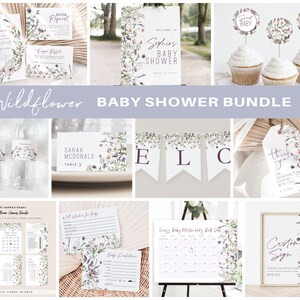 May include: Wildflower themed baby shower printable bundle with a welcome sign, table cards, water bottle labels, cupcake toppers, thank you tags, and games. The design features a wreath of purple and white wildflowers.