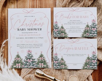 May include: Pink and white Christmas themed baby shower invitation with a watercolour illustration of three decorated Christmas trees. The invitation includes the text "Join us for a Christmas Baby Shower honouring mother-to-be Sarah McDonald Saturday, December 14 at 3:00pm The McDonald Home 1856 N Willow Lane Drive, Galena IL 47463 RSVP by Dec 10 to Courtney 000 000 0000 Registered at Target and Amazon". There are also two cards with the text "Books for Baby" and "Diaper Raffle".
