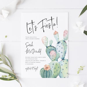 May include: Let's Fiesta! Bridal shower invitation with a watercolor illustration of cacti in shades of green, pink, and orange. The invitation includes the bride's name, Sarah McDonald, the date and time of the shower, the location, and RSVP information. The invitation also states that the bride is registered at Target.