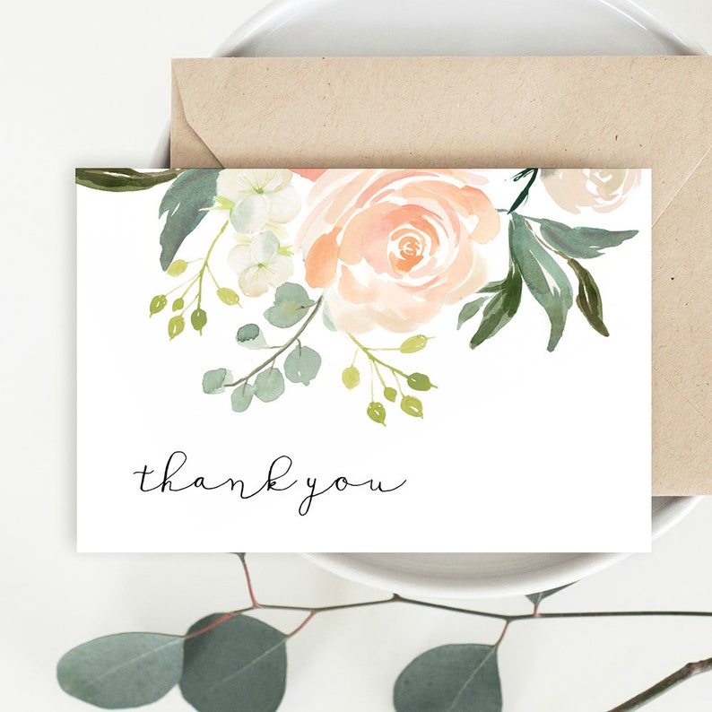Peach Floral Thank You Card Template Thank You Card Etsy