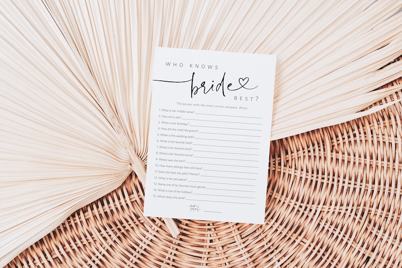 Minimalist Who knows the Bride the Most Game, Modern Bridal Shower Game, Printable How well do you know the Bride?, TEMPLETT, WLP-PAL 5717 image 2