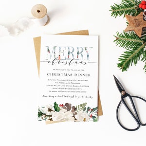 May include: A white Christmas invitation with a watercolor design of white flowers, green leaves, and red berries. The text reads "Merry Christmas" and includes details for a Christmas dinner party on Saturday, November 29th, 2021 at 6:00pm at the McDonald's Residence, 27453 Willow Lane Grove, Galena IL 67564. RSVP by December 18th to Sarah McDonald on 000.000.0000. The invitation also requests guests to bring a Secret Santa gift to give to charity.