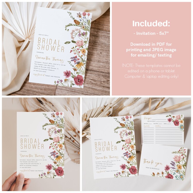 May include: A set of printable bridal shower invitations with a floral design. The invitation is 5x7 inches and includes a thank you card and a recipe card. The text on the invitation reads "Bridal Shower" and "Samantha Thomas".