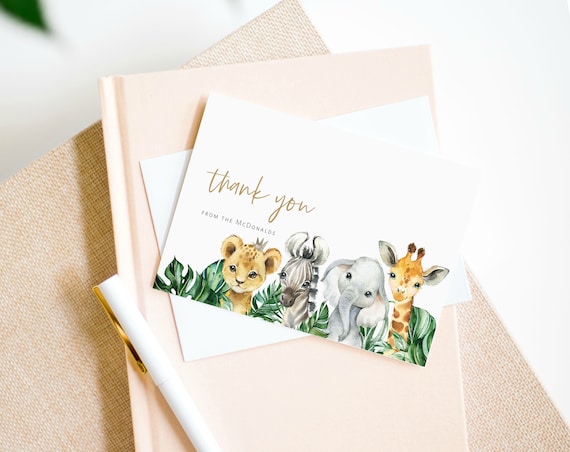 30 Custom Thank You Card Notes Jungle Baby Boy Shower Birthday Party Animals A1 