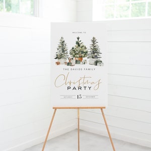 May include: Welcome to The Davids Family Christmas Party on Saturday, December 15th. The sign features a watercolor illustration of three Christmas trees with presents underneath.