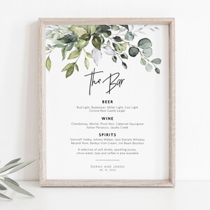 Greenery Bar Menu Sign, Greenery Bar Sign Template, Printable Bar Menu ...