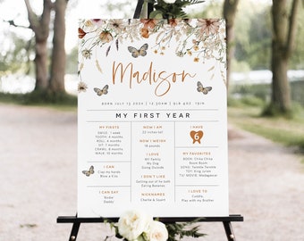 Butterfly Baby Milestone Board, Wildflower First Birthday Poster, 1st Birthday Milestone Poster, Milestone Sign, Edit TEMPLETT, WLP-FBU 7314