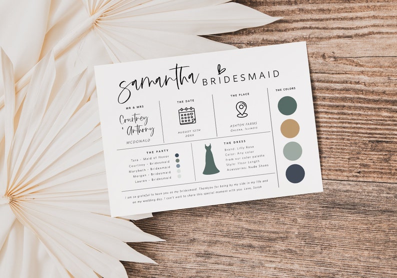Editable Bridesmaid Information Card, Bridal Party Information Template, Bridal Proposal Card, Infographic, Edit with TEMPLETT, WLP-SIL 5252 image 1