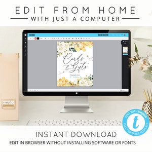 May include: A computer screen displaying a digital template for a "Cards & Gifts" sign with a yellow honeycomb and floral design. The text "Edit with templett" is on a blue circle with a white letter "t" in the center. The text "Fully Editable Template" is on the circle in a smaller font.