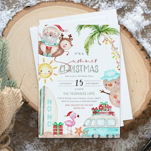 May include: A white invitation card with a watercolor illustration of Santa Claus and a reindeer riding a surfboard. The text on the card reads "It's a Summer Christmas" and includes details for a Christmas party.