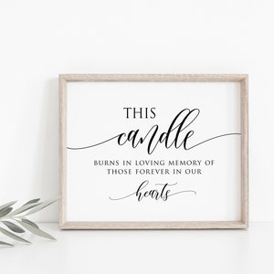 Puede incluir: Un cartel enmarcado con el texto "This candle burns in loving memory of those forever in our hearts". El cartel est&aacute; en un marco de madera claro y tiene un fondo blanco con texto negro.
