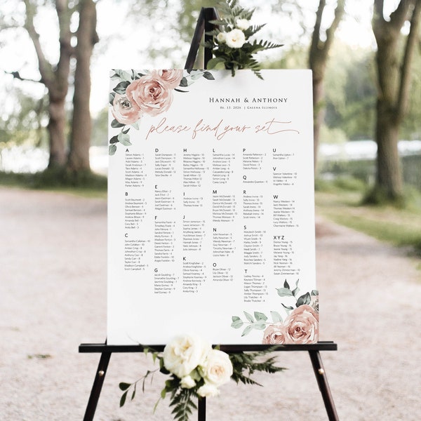 Rose Alphabet Seating Chart, Floral Printable Seating Chart, Alphabet Seating Poster, Blush Floral, Edit with TEMPLETT, WLP-ROS 5868