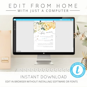 K&ouml;nnte beinhalten: Ein Computerbildschirm zeigt eine Bar-Men&uuml;vorlage mit einem floralen und wabenf&ouml;rmigen Design. Der Text "bar menu" ist in Kursivschrift geschrieben. Der Text "EDIT WITH templet" befindet sich in einem blauen Kreis mit einem wei&szlig;en Buchstaben "t" in der Mitte. Der Text "INSTANT DOWNLOAD" ist in schwarzer Schrift. Der Text "EDIT IN BROWSER WITHOUT INSTALLING SOFTWARE OR FONTS" ist in schwarzer Schrift.