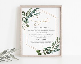 Sweets Menu Sign, Greenery Desserts Sign Template, Printable Wedding Menu, Dessert Bar Sign, Edit with TEMPLETT, WLP-GBR 4329