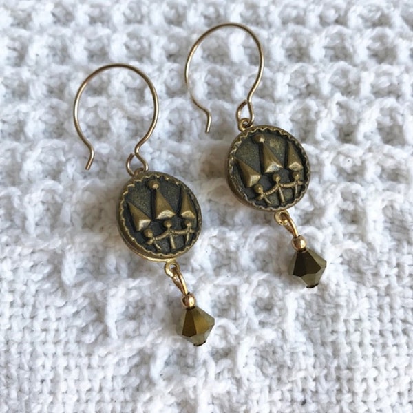 Antique Brass 1800 Button Earrings-Vintage Style-Unique Earrings-14k Gold Filled-Vintage Earrings-Victorian Style-Button Jewelry-Upcycled