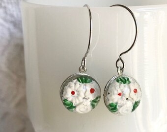 1930s Antique Hand Painted Czech Glass Button Earring-Vintage Floral Earring-Sterling Silver-Upcycled Button Jewelry-Unique Repurposed Gift