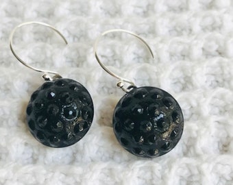 1950s Vintage Czech Black Glass Button Earrings-Boho Style-Upcycled Earrings-Sterling Silver-Button Jewelry-Repurposed Jewelry-Gift for Her