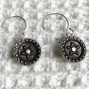 Antique Metal Button Earrings-Victorian Style-Unique Star Earrings-Button Jewelry-Sterling Silver-Upcycled Repurposed Vintage Earrings-Gift