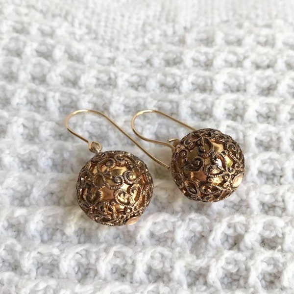 1950 Vintage Gold Ball Button Earrings-Vintage Jewelry-14k Gold Filled-Button Jewelry-Upcycled Gold Filigree Earring-Repurposed Boho Earring
