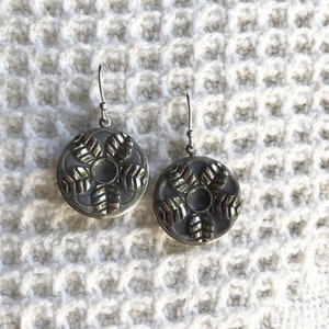 1940s Vintage Large Gray Silver Glass Button Earrings-Sterling Silver-Unique Upcycled Earrings-Button Jewelry-Boho Earrings-Repurposed Gift