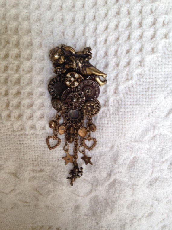 Vintage Brooch with Antique Buttons-Cherub Charm -