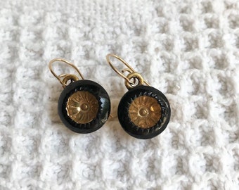 1940s Vintage Black Glass Gold Luster Button Earrings-14k Gold Filled-Antique Earrings-Upcycled Black Earrings-Button Jewelry-Unique Gift