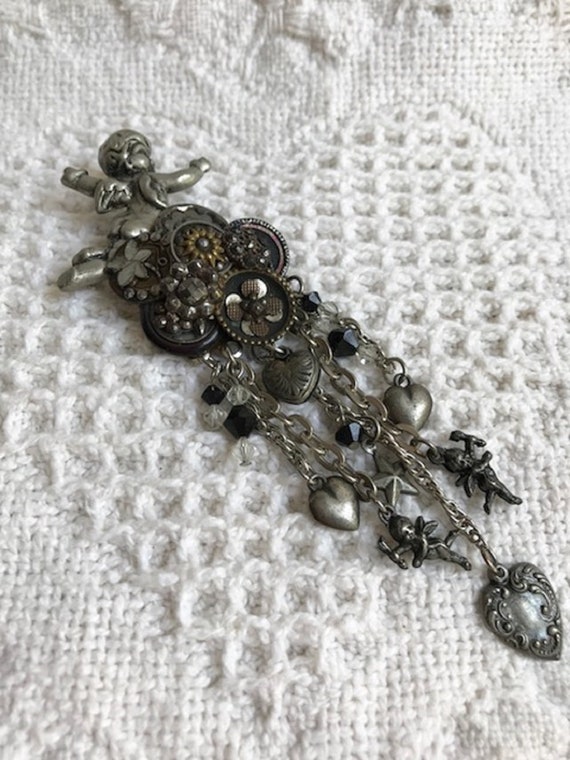 Unique Cherub Brooch with Antique Buttons-Vintage… - image 1