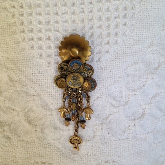 Vintage Brooch with Antique Buttons-Antique Button Jewelry-One of a Kind Brooch-Upcycled Jewelry-Unique Gift for Her-Swarovski Crystals