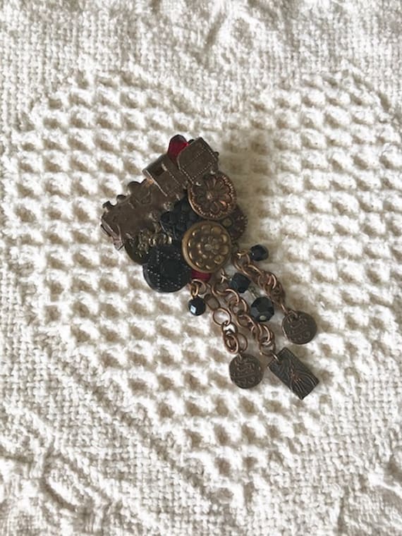 Vintage Train Brooch with Antique Buttons-Upcycled