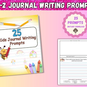 Pode incluir: Um caderno espiral amarelo e branco com o texto "25 Kids Journal Writing Prompts" na capa. A capa também apresenta uma abelha com um lápis vermelho, um arco-íris, uma casa e lápis de cor. O caderno está ao lado de uma página de caderno em branco com linhas para escrever e um espaço para desenhar.