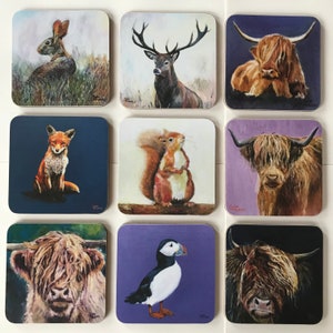 Animal coasters, Scottish wildlife coasters, Julie McLean, Stag, Puffin, Squirrel, Fox, Hare & Highland Cows