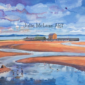 Elie picture, Elie painting, Elie print, Julie McLean, children playing at the beach, Elie Granary, Elie harbour